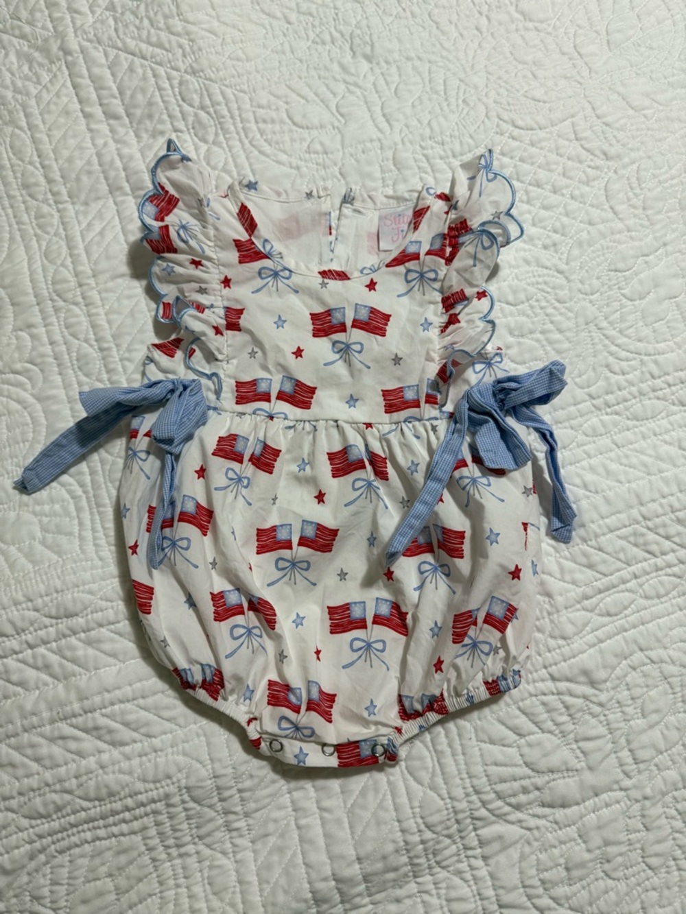 Baby Girls Patriotic Flag Bubble Romper with Blue Bows